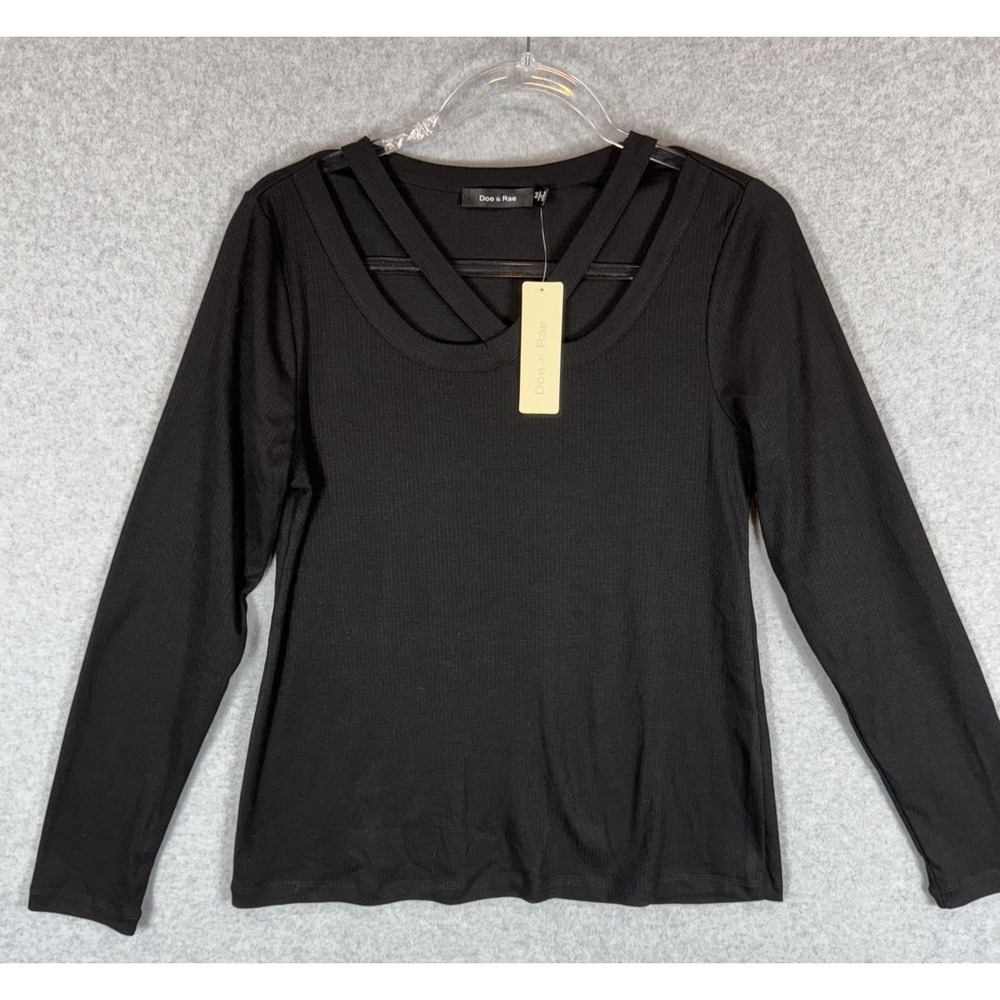 Doe & Rae Shirt Womens Medium Black Long Sleeve Strappy Neck Stretch Top New